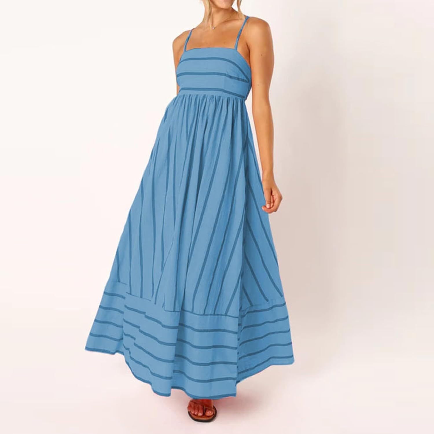 Beach Dresses for Women Summer Striped Back Smocked Maxi Dress Spaghetti Strap Cut Out Flowy A Line Long Sundresses