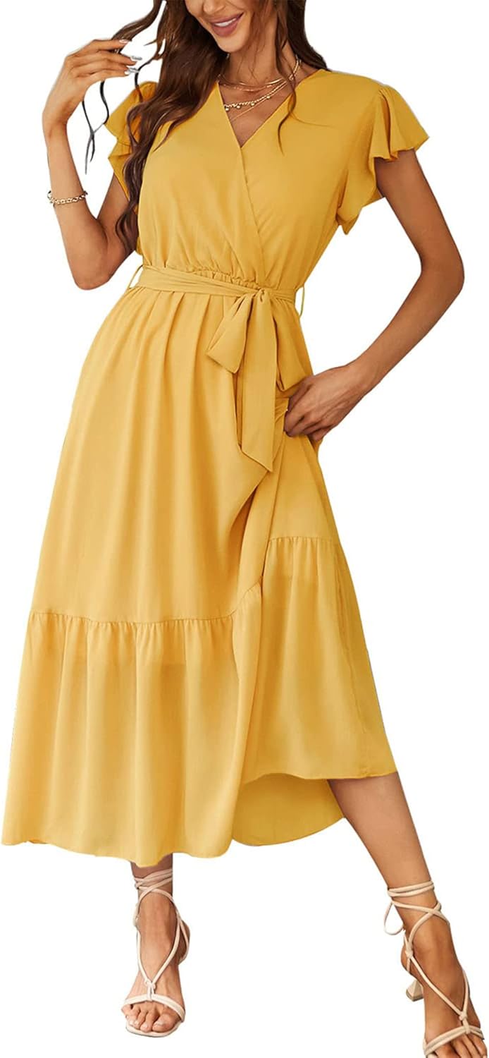 PRETTYGARDEN Women's Summer Floral Boho Dress Wrap V Neck Short Sleeve Ruffle A-Line Flowy Maxi Wedding Guest Dresses