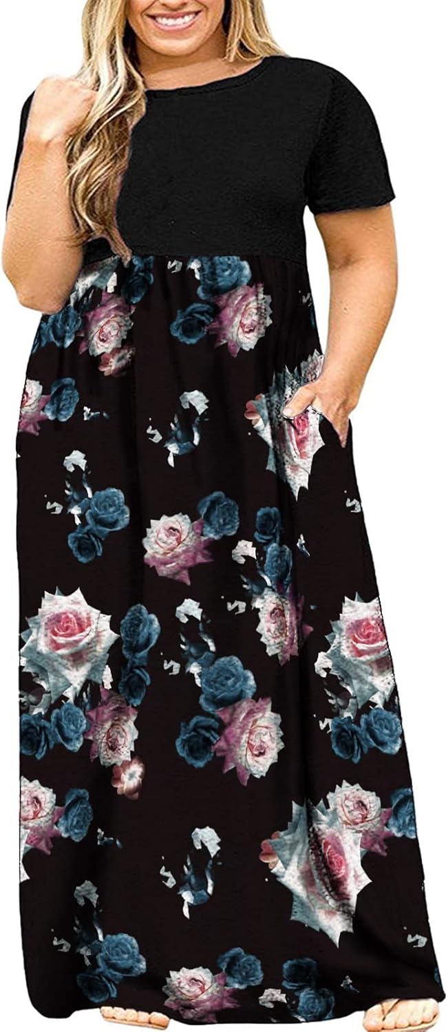 Kancystore Women's Short Sleeve Plus Size Maxi Dress with Pockets Loose Casual Summer Dresses
