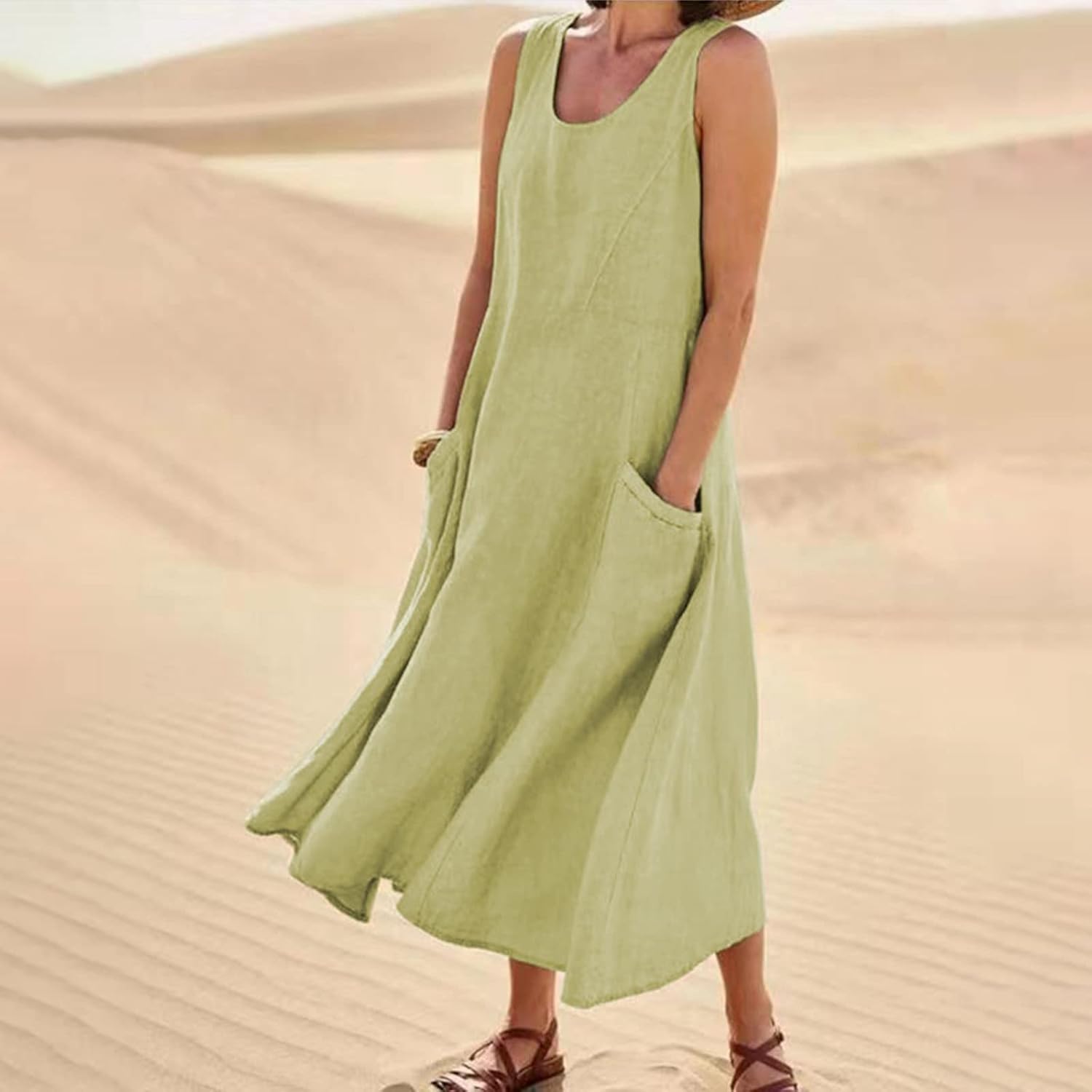 Women's Casual Sleeveless Dresses, Cotton Linen Pocket Dresses Summer Dresses for Women 2024 Sundresses Beach Dress