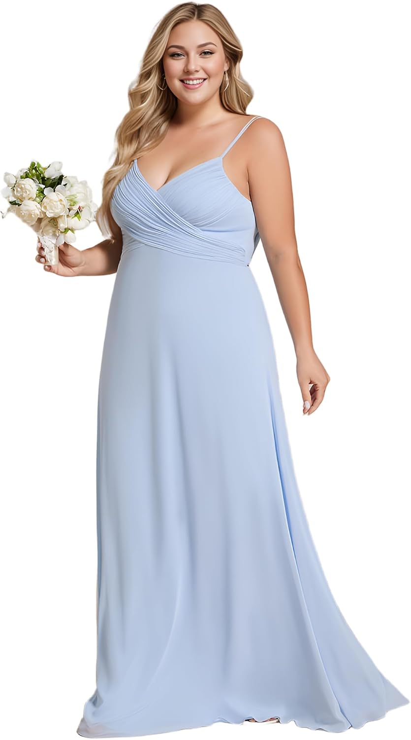 Ever-Pretty Women's Summer Chiffon Pleated Plus Size Bridesmaid Dresses Sleeveless Formal Gown with Spaghetti Straps