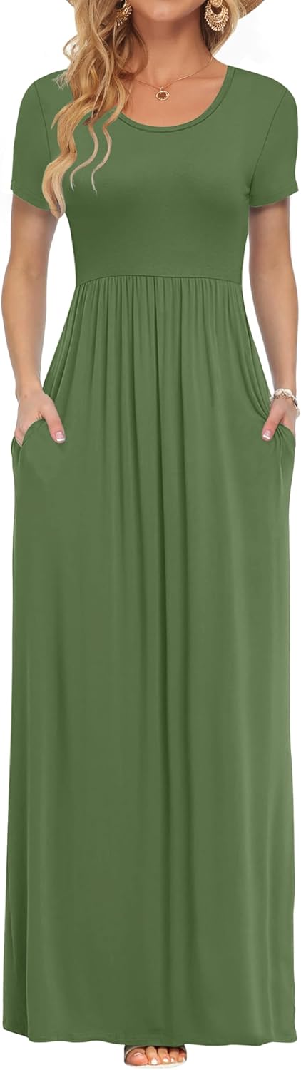AUSELILY Women's Short Sleeve Loose Plain Casual Long Maxi Dresses for Women 2025