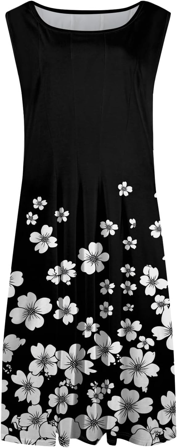 Womens Tank Sundress 2025 Casual Floral Print Tshirt Dress Swing Sleeveless Midi Dress Crewneck Pleated Summer Dresses