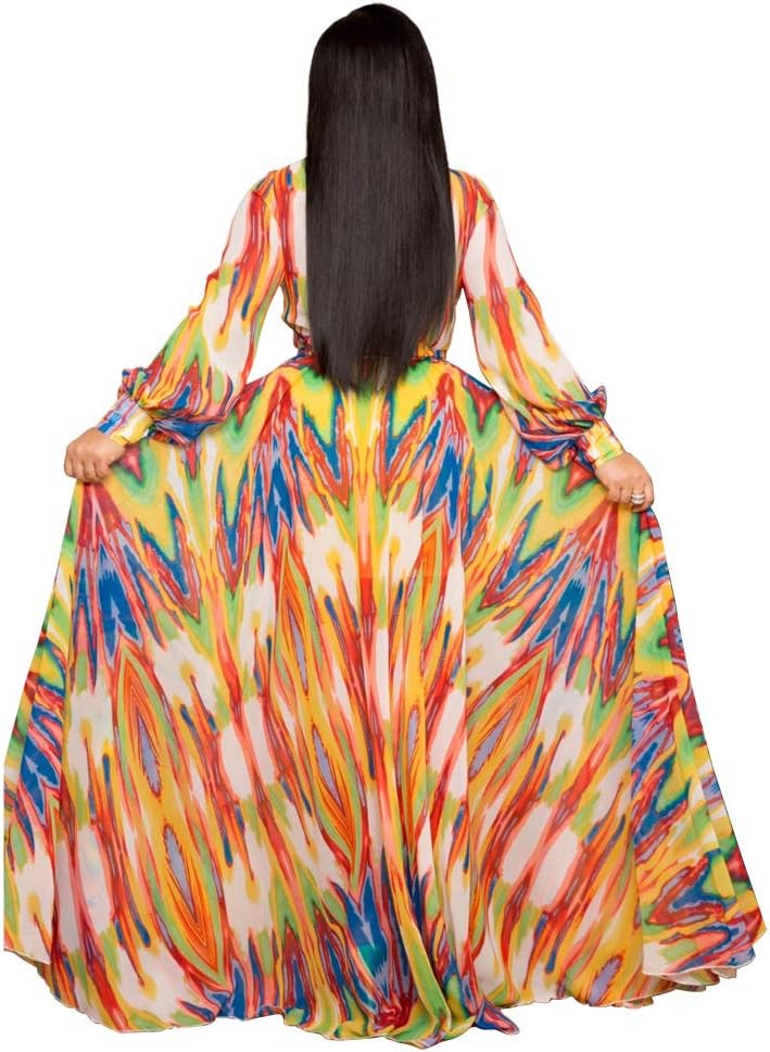 Nuofengkudu Womens Chiffon Deep V-Neck Stripe Printed Maxi Dress Unique Loose Summer Boho Dresses High Waiste(S-5XL)