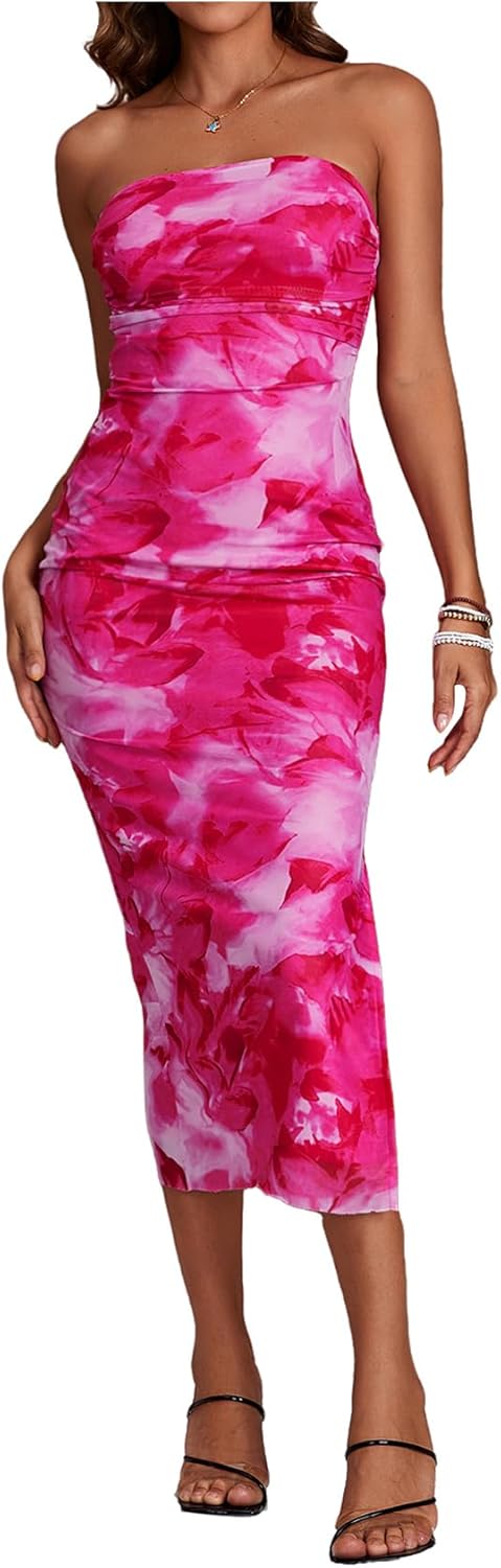 Milumia Women's Printed Strapless Tube Top Long Dress Slit Hem Sleeveless Bodycon Maxi Dresses