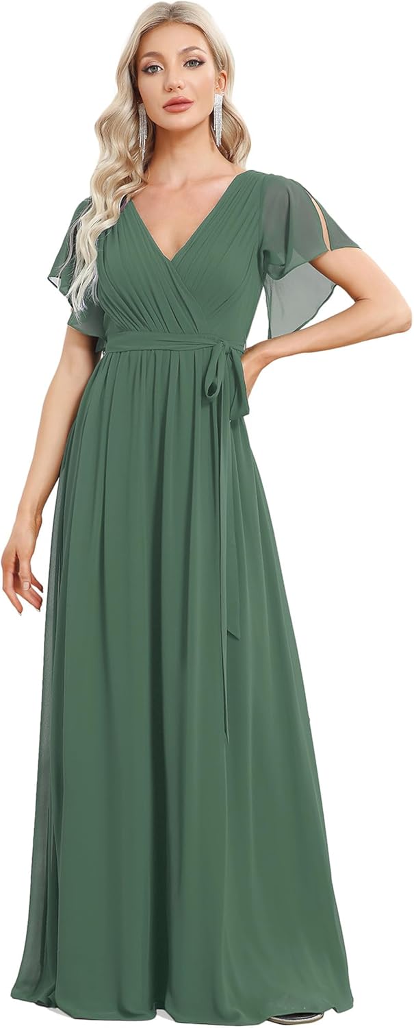 Ever-Pretty Women's Bridesmaid Dress V-Neck Ruffle Sleeves Ruched Bust Floor Length Chiffon Formal Dresses 0164A
