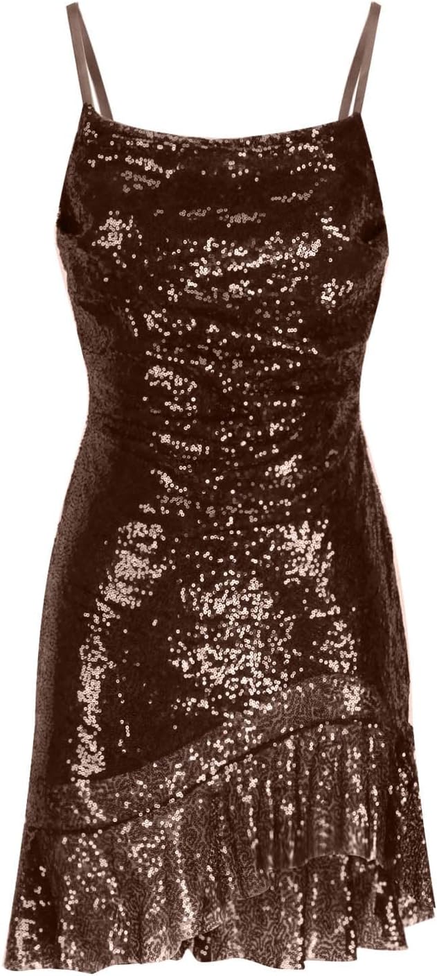 Binmer Women Sparkly Sequin Mini Dress Sexy Glitter Spaghetti Strap Backless Ruffle Hem Cami Short Mini Club Party Dresses