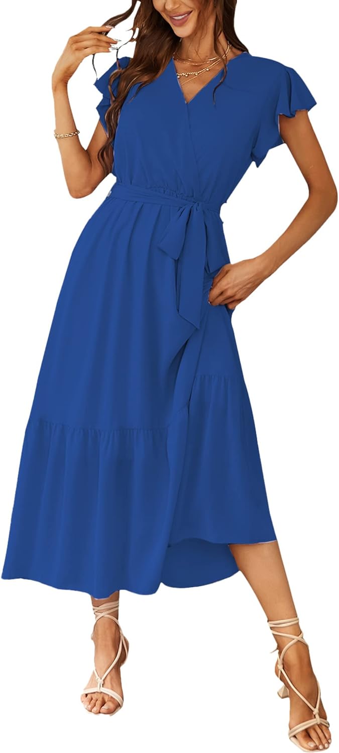 PRETTYGARDEN Women's Summer Floral Boho Dress Wrap V Neck Short Sleeve Ruffle A-Line Flowy Maxi Wedding Guest Dresses