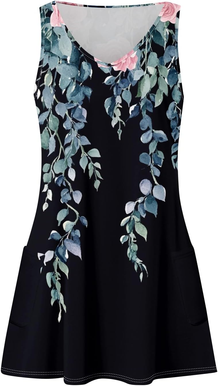 Women's Sleeveless Floral Print Summer Dress Casual V-Neck A-Line Mini Dress for Beach Party and Daily Wear