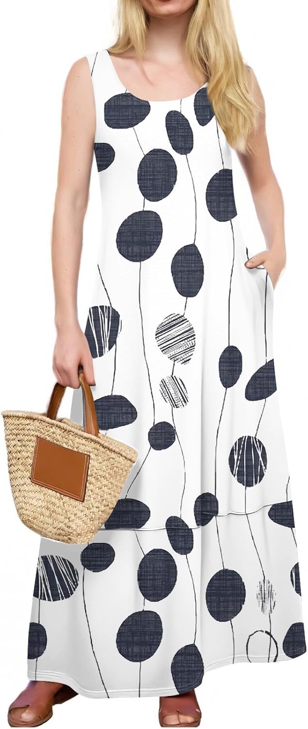 Womens Summer Tank Dress Vacation Boho Floral Long Dresses with Pockets Resort Wear Swing Beach Sleeveless Sundress