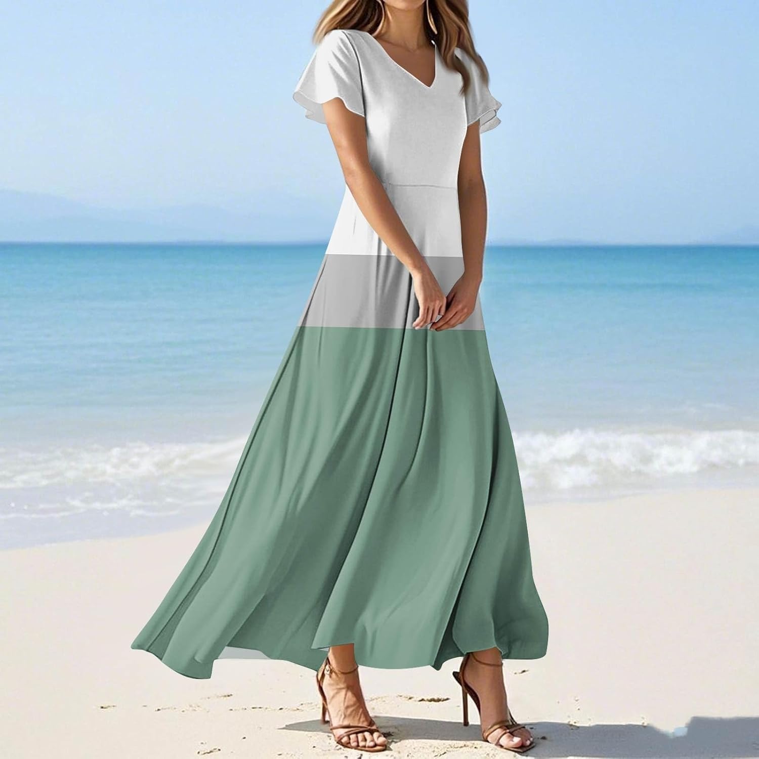 Womens Fashion V Neck Ruffle Short Sleeve Maxi Dress 2025 Summer Elegant Solid Color Flowy A Line Dresses