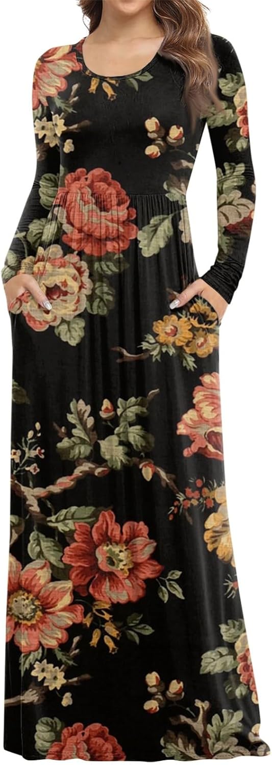 Long Sleeve Maxi Dress for Women Elegant Crew Neck Flowy Swing Dresses Solid Color Wedding Guest Dresses