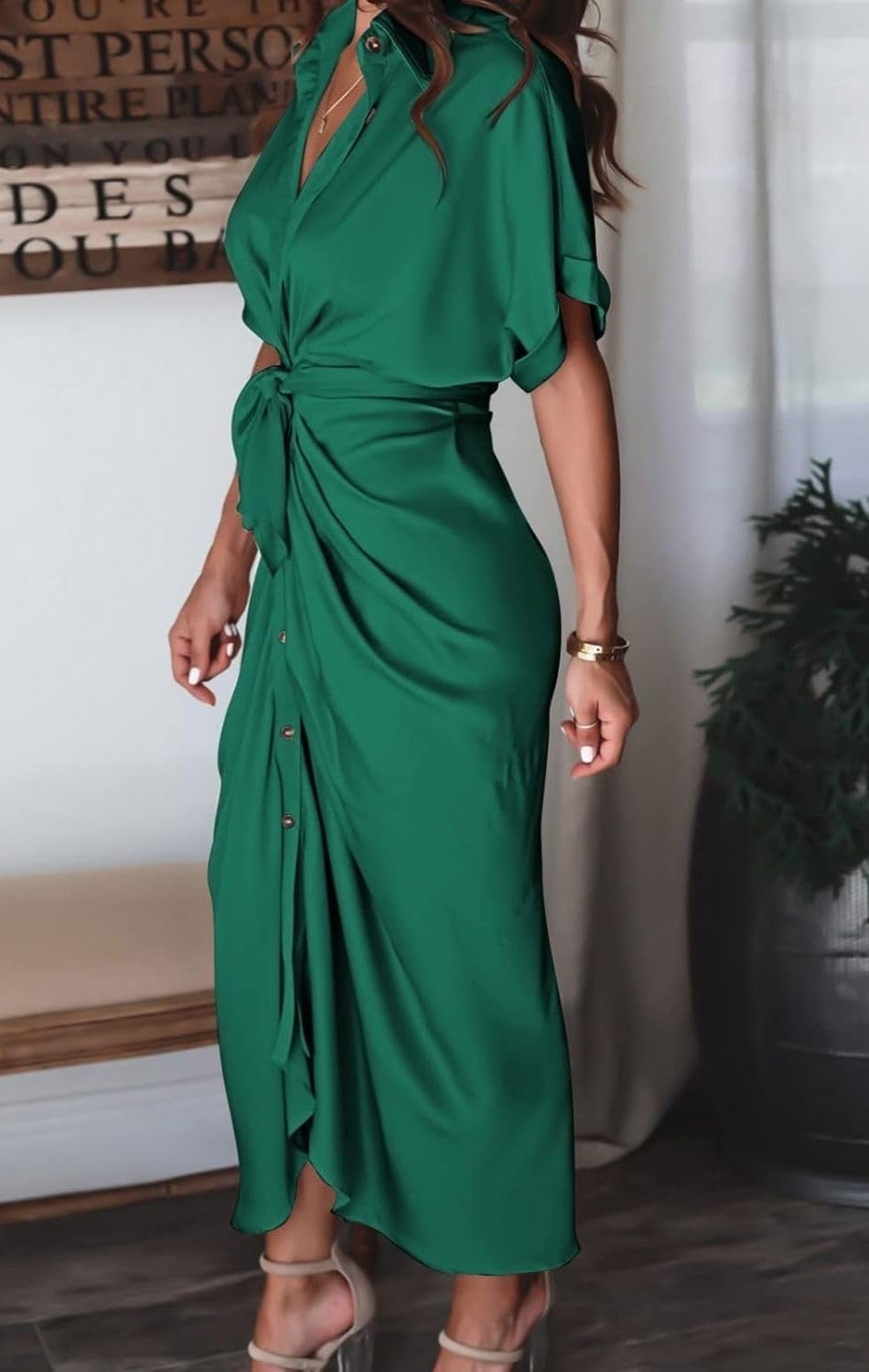 Women's Swing Classic Cute Maxi Ruched Breathable Shirt Dresses Bownot Slim Fitted Dress