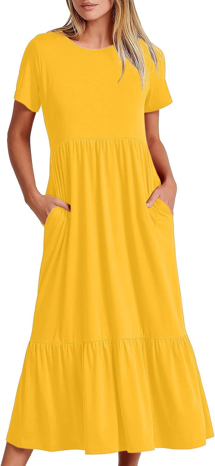 XUNRYAN Summer Dresses for Women 2024 Casual Calf Length Maxi Dress Pleated Flowy Tiered Swing Beach Sundress with Pockets