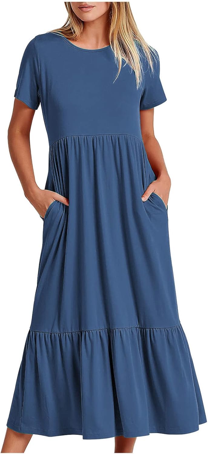 XUNRYAN Summer Dresses for Women 2024 Casual Calf Length Maxi Dress Pleated Flowy Tiered Swing Beach Sundress with Pockets