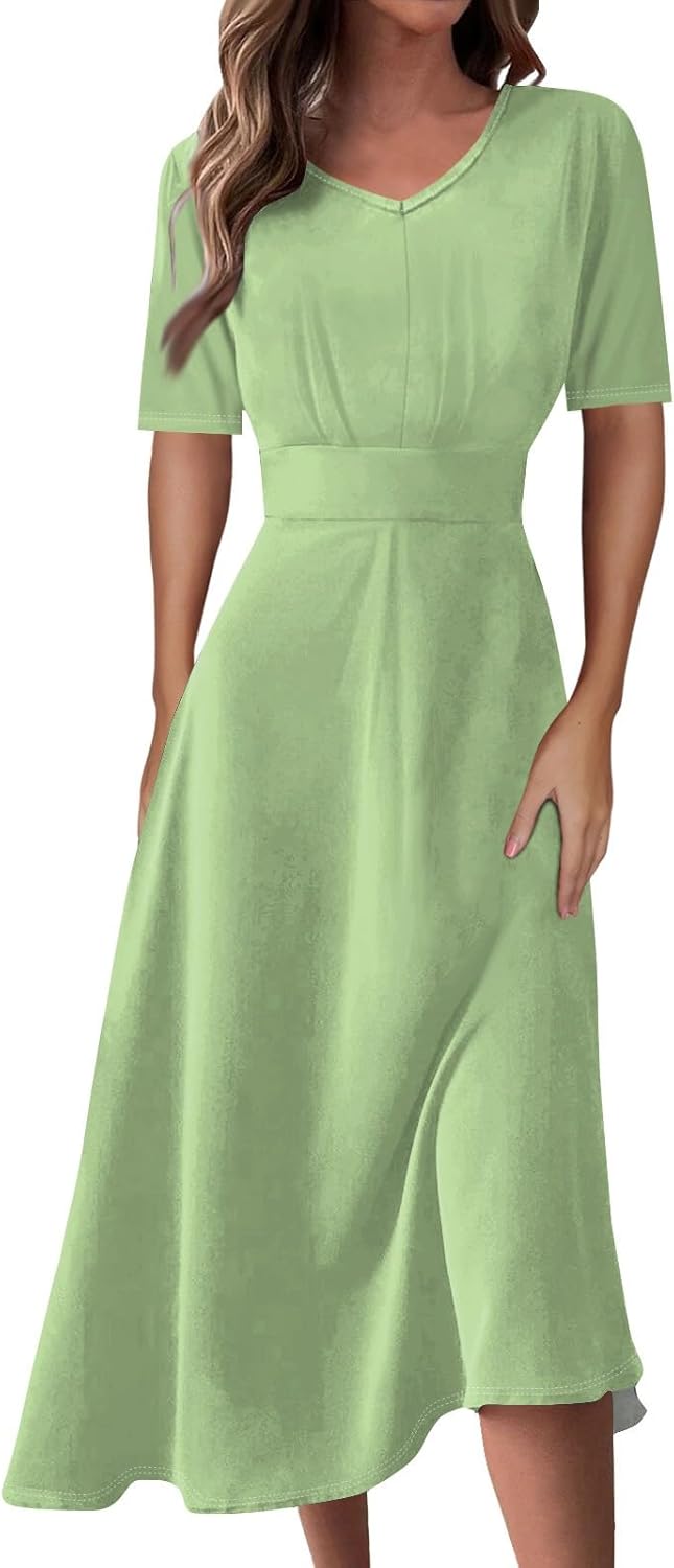 Women's Summer Elegant Cocktail Dress Solid Color Swing V-Neck Party Gown Dresses, S-2XL