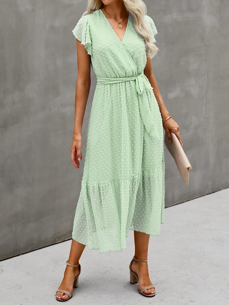 BTFBM Women Summer Bohemian Floral Casual Wrap V Neck Ruffle Cap Sleeveless Belt A-Line Pleated Hem Midi Sun Dress White