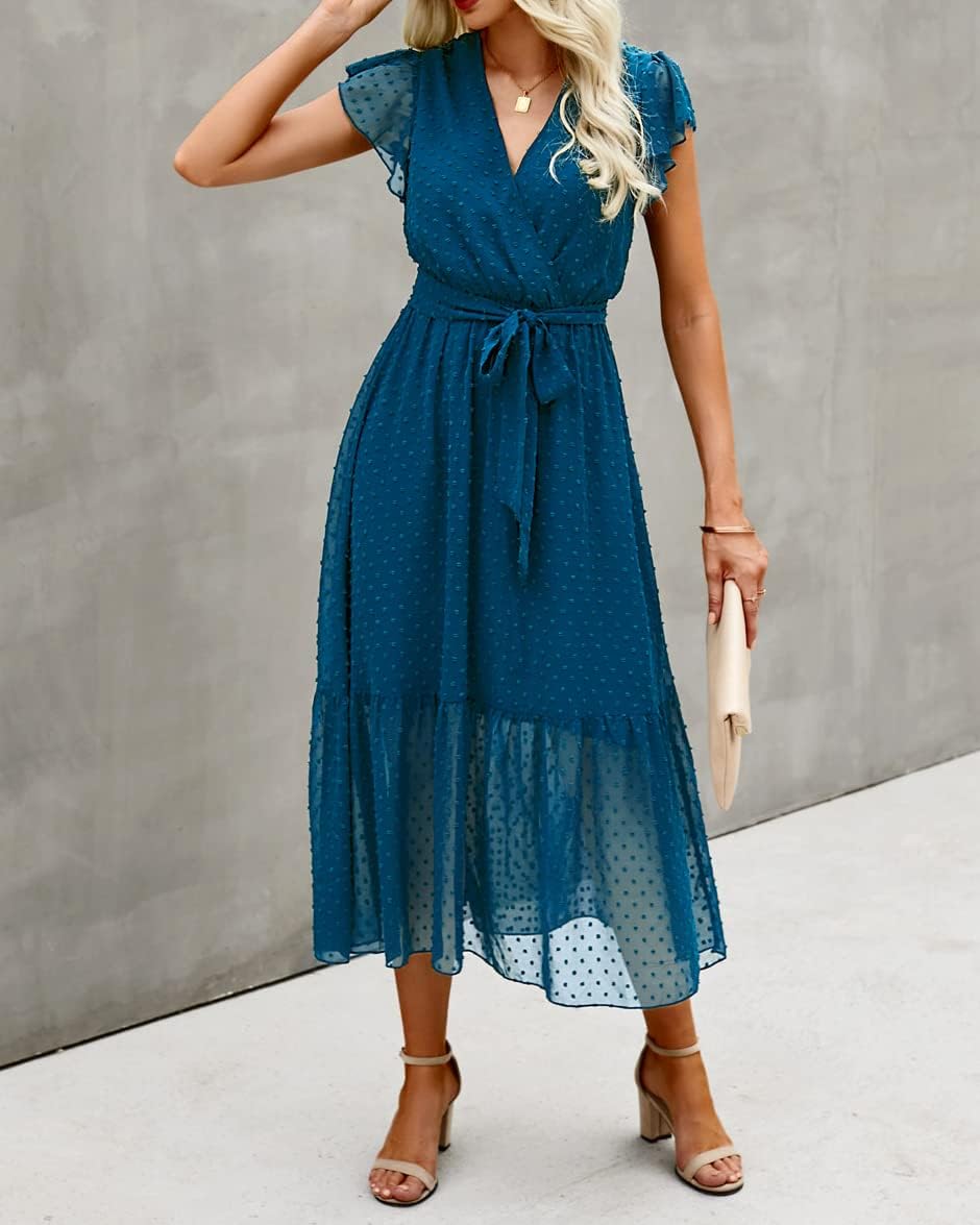 BTFBM Women Summer Bohemian Floral Casual Wrap V Neck Ruffle Cap Sleeveless Belt A-Line Pleated Hem Midi Sun Dress White