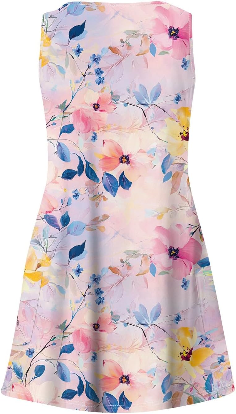 Women's Sleeveless Floral Print Summer Dress Casual V-Neck A-Line Mini Dress for Beach Party and Daily Wear