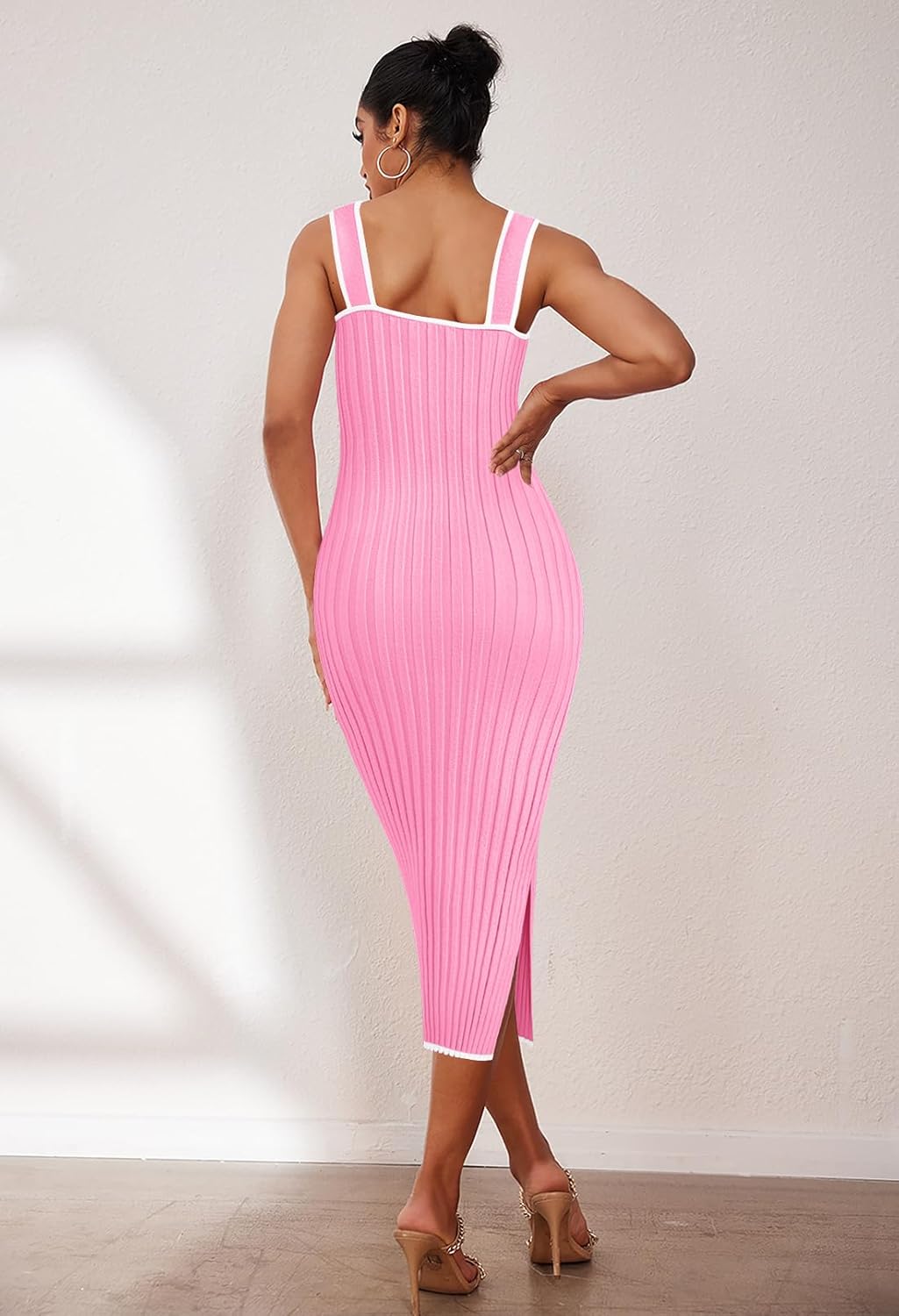 MEROKEETY Women's 2025 Summer Spring Bodycon Midi Dress Vacation Sleeveless Ribbed Knit Striped Party Sweater Dresses