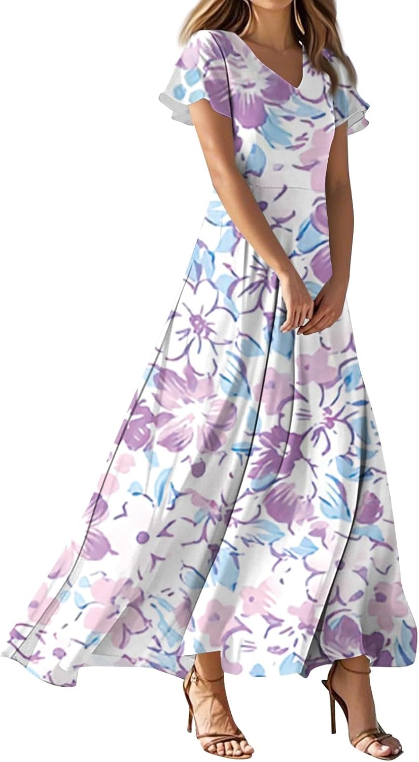 Womens Fashion V Neck Ruffle Short Sleeve Maxi Dress 2025 Summer Elegant Solid Color Flowy A Line Dresses
