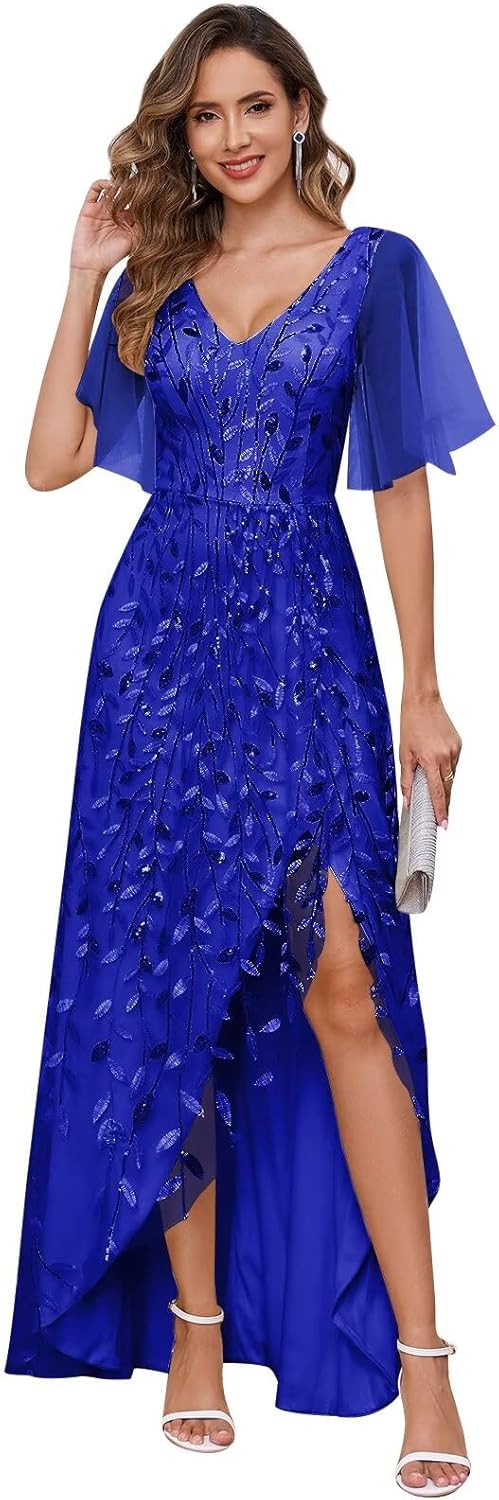 Women's Short Sleeve Mother of The Bride Dresses for Wedding Sparkly Sequin Long Formal Evening Dresses