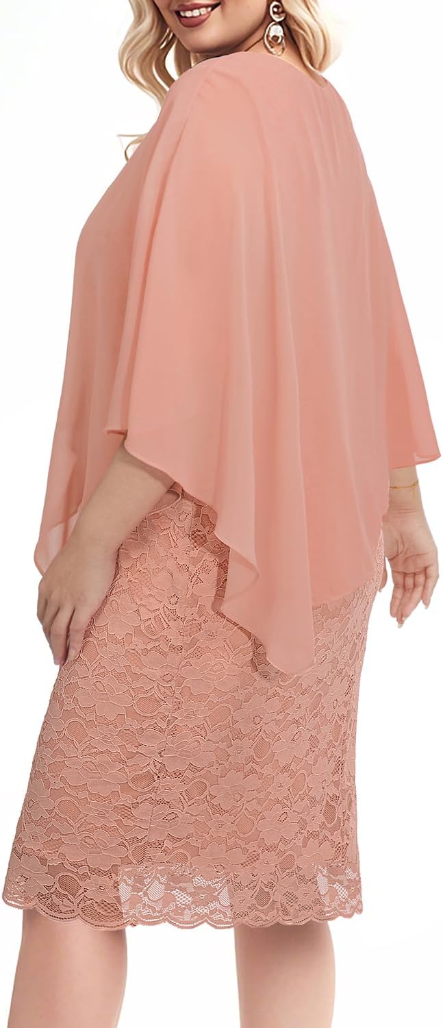 Plus Size Dresses Wedding Guest - Mother Bride Semi Formal Lace Cape with Chiffon Overlay Dresses