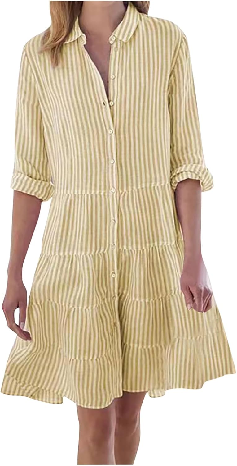 Button Down Dress for Women Summer Casual Striped Long Sleeve V Neck Lapel Dresses Loose Ruched Party Midi Dress 2025