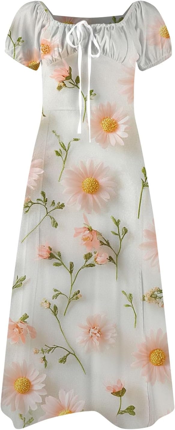 Women's Sundresses 2025 Summer Casual Loose Trendy Bubble Sleeve Square Neck Split Bow Floral Print Dress Plus Size, XS-3XL