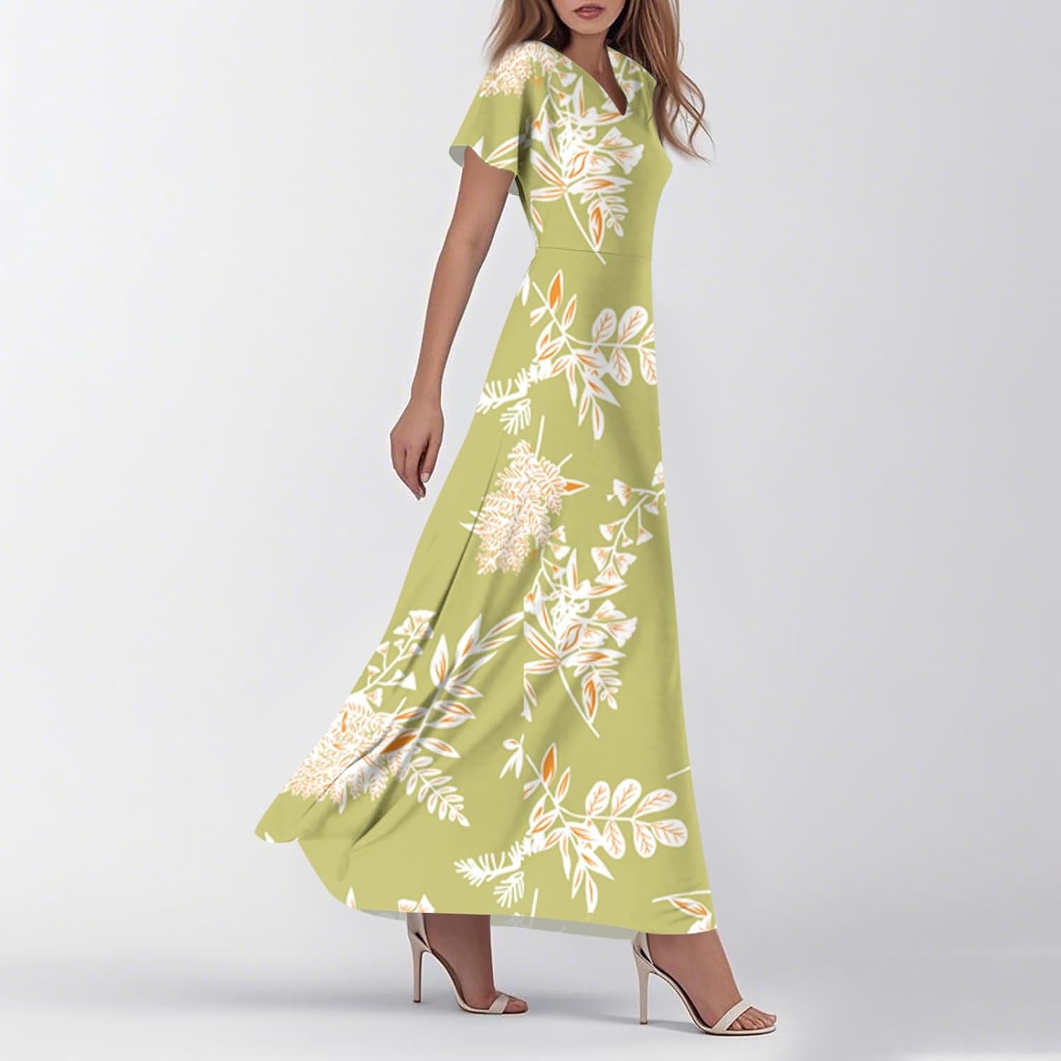 Womens Fashion V Neck Ruffle Short Sleeve Maxi Dress 2025 Summer Elegant Solid Color Flowy A Line Dresses