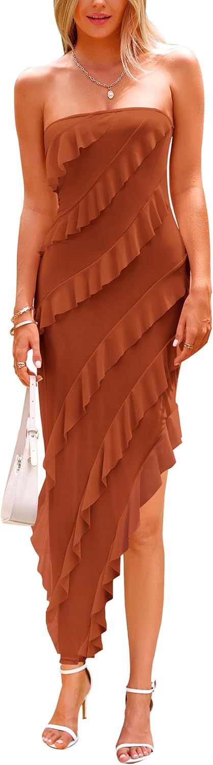 PRETTYGARDEN Womens Summer Maxi Dresses 2025 Strapless Tube Ruffle Asymmetrical Bodycon Party Cocktail Formal Long Dress