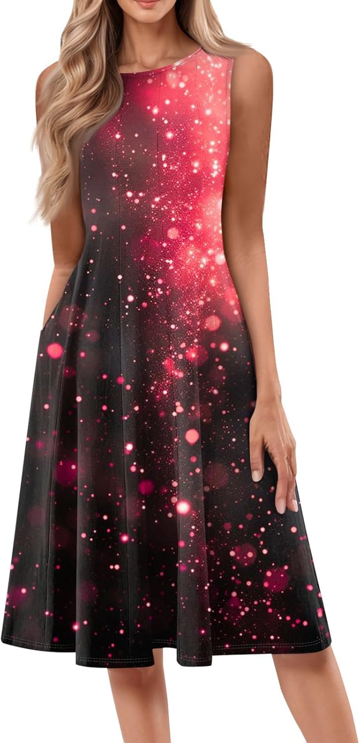 Womens Tank Sundress 2025 Casual Floral Print Tshirt Dress Swing Sleeveless Midi Dress Crewneck Pleated Summer Dresses