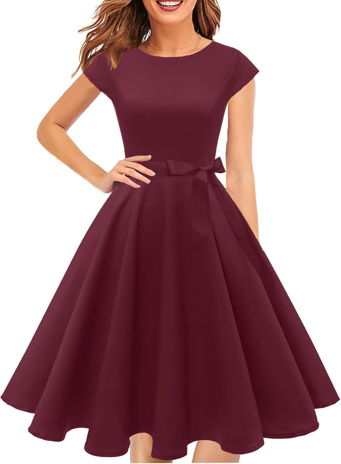 PUKAVT Women's 1950 Boatneck Cap Sleeve Vintage Swing Cocktail Party Dress with Pockets