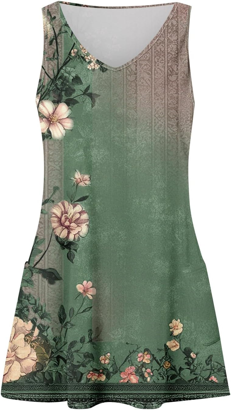 Women's Sleeveless Floral Print Summer Dress Casual V-Neck A-Line Mini Dress for Beach Party and Daily Wear
