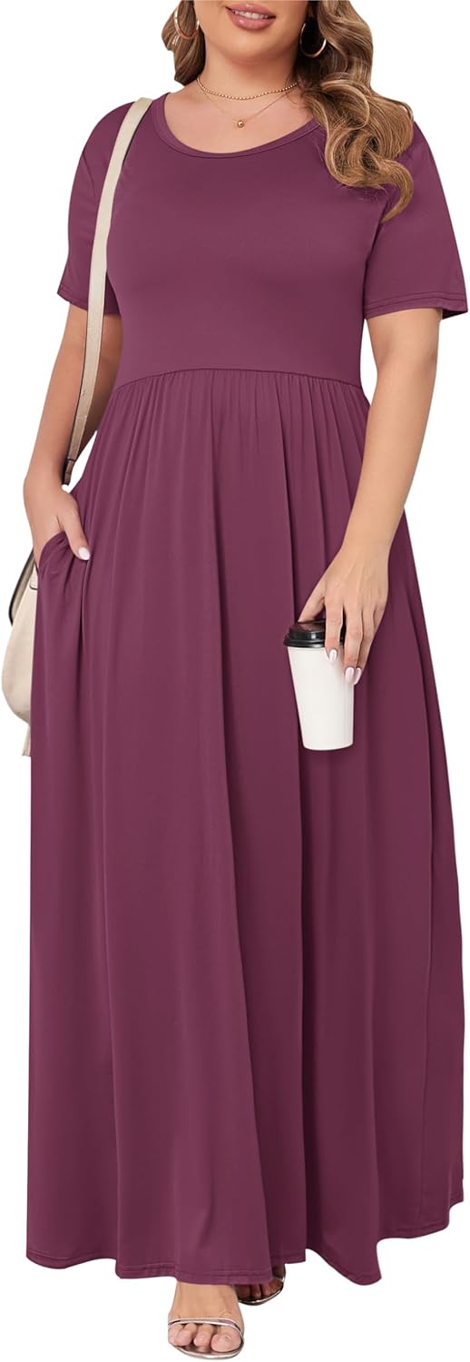 KARALIN Women’s Plus Size Maxi Dresses for Curvy Women Summer Casual Short Sleeve 2025 Long Dress 14W-26W