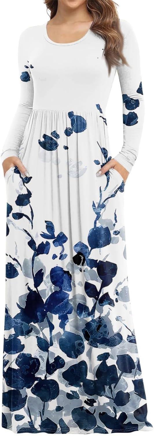 Long Sleeve Maxi Dress for Women Elegant Crew Neck Flowy Swing Dresses Solid Color Wedding Guest Dresses