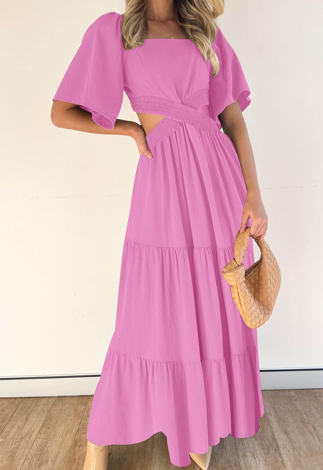 LEANI Women's 2025 Summer Cutout Maxi Dress Square Neck Short Sleeve Crossover Waist Casual Party Dresses