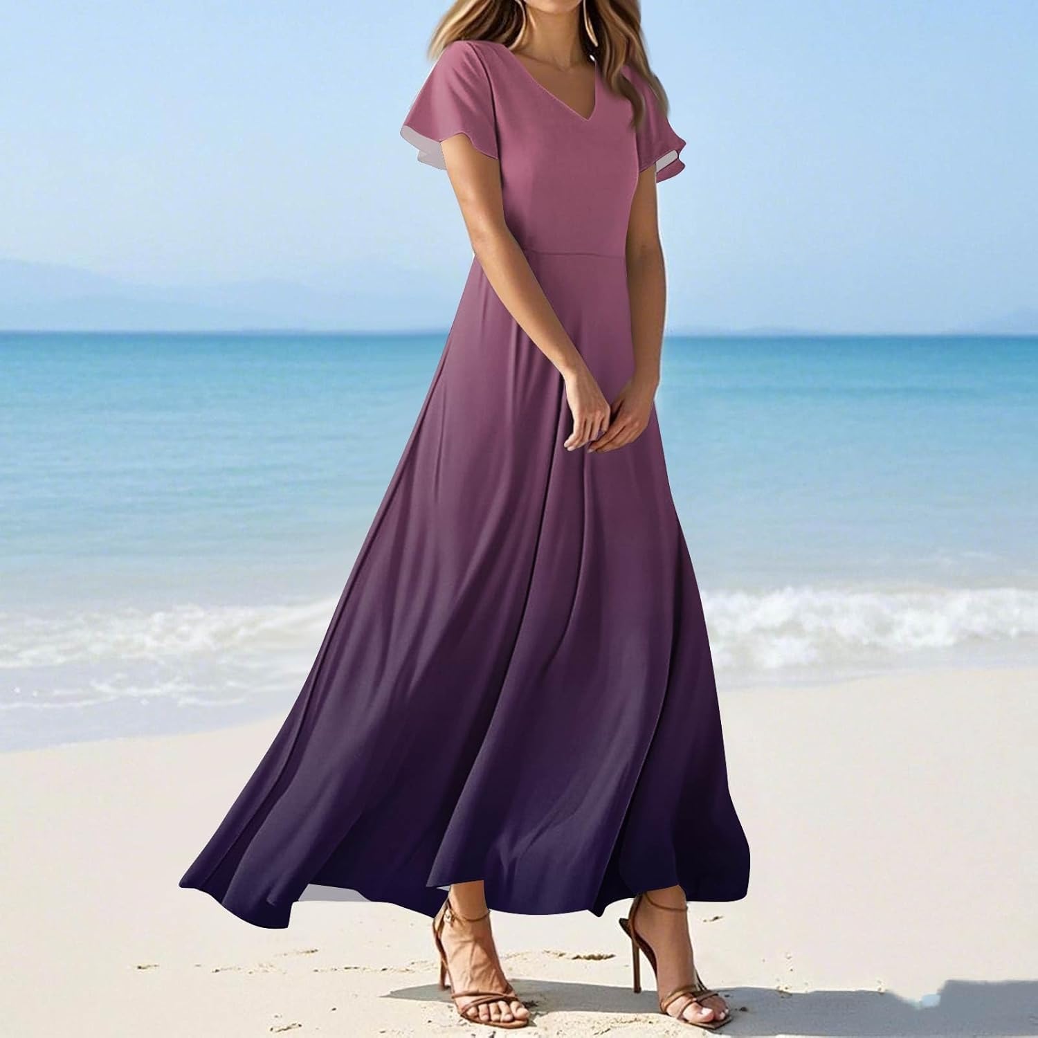 Womens Fashion V Neck Ruffle Short Sleeve Maxi Dress 2025 Summer Elegant Solid Color Flowy A Line Dresses