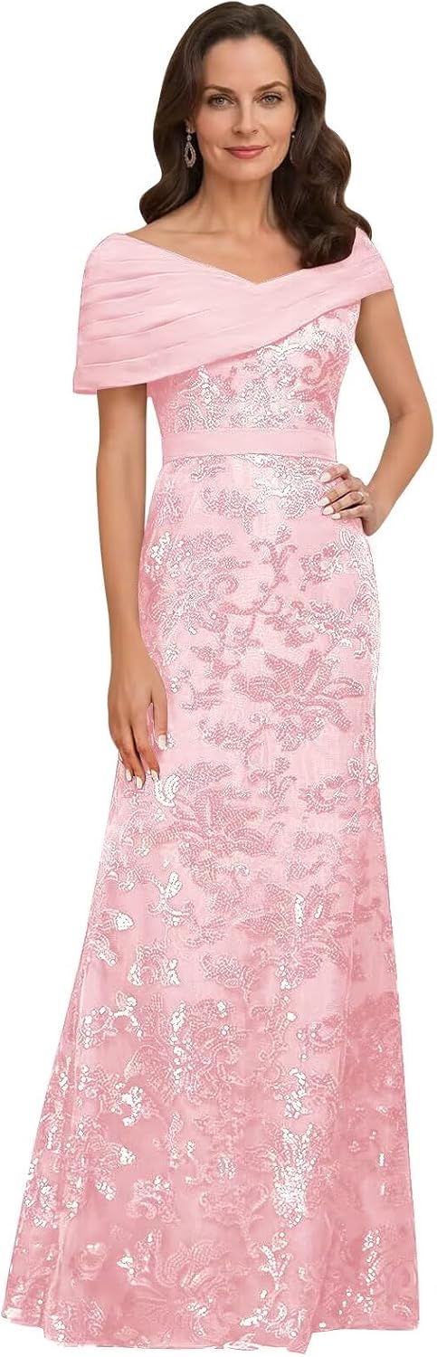 Lace Sequin Mother of The Bride Dresses for Women Long Mermaid Off The Shoulder Formal Evening Dress with Sleeves
