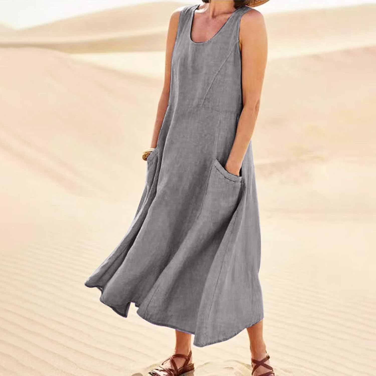 Women's Casual Sleeveless Dresses, Cotton Linen Pocket Dresses Summer Dresses for Women 2024 Sundresses Beach Dress