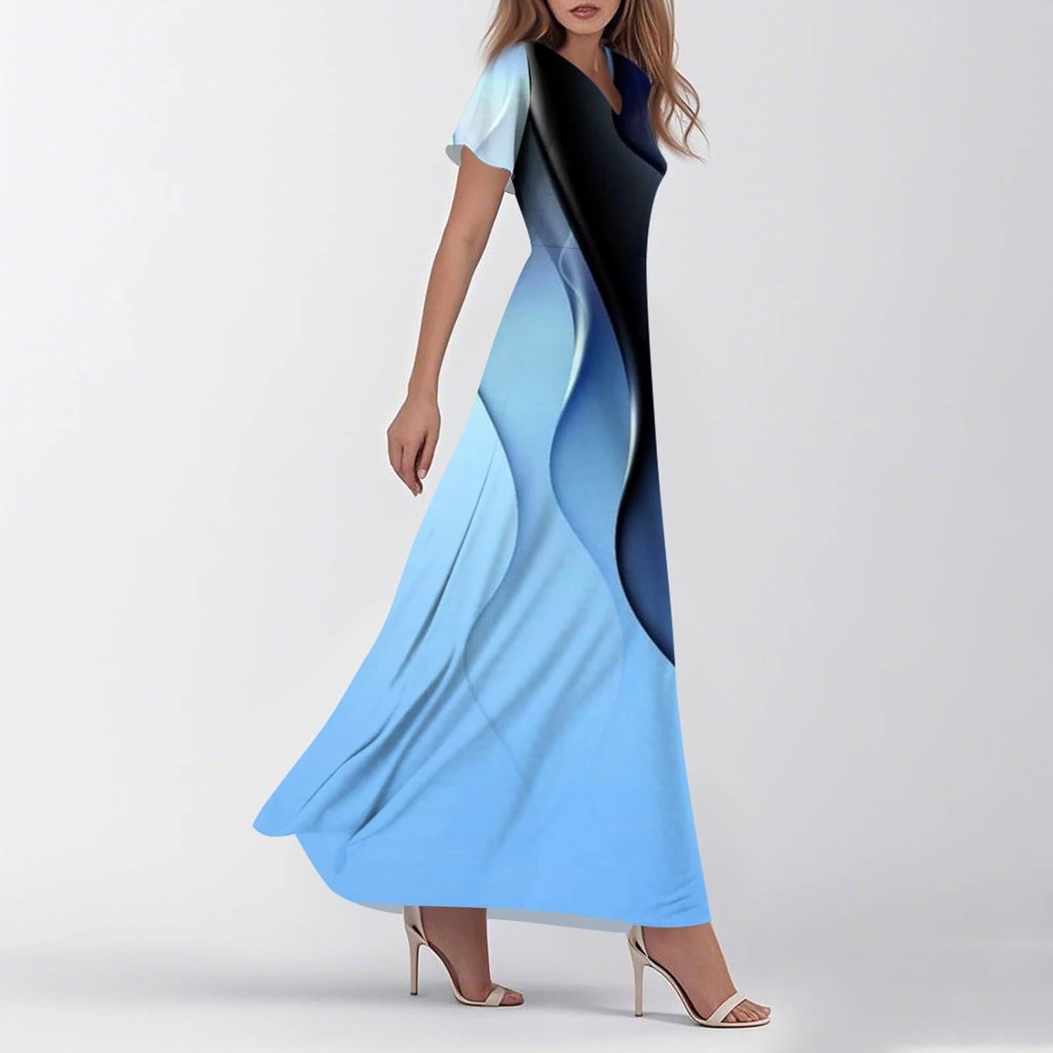 Womens Fashion V Neck Ruffle Short Sleeve Maxi Dress 2025 Summer Elegant Solid Color Flowy A Line Dresses
