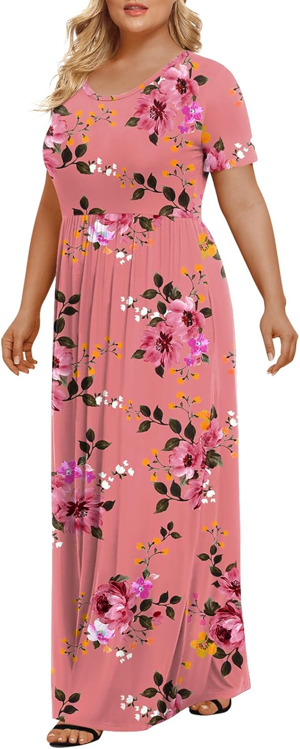 LONGYUAN Women's Plus Size Maxi Dresses for Curvy Women Summer Short Sleeve Casual 2025 Long Dress XL-6XL