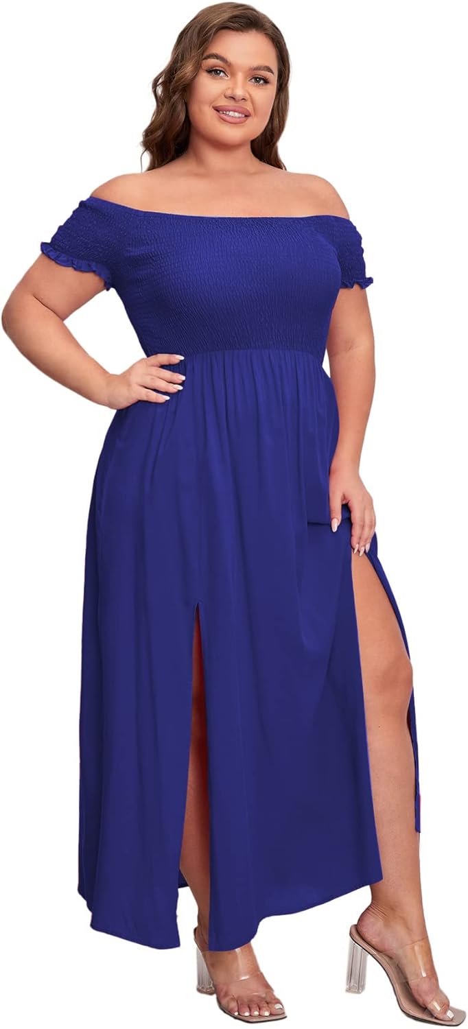 Floerns Women's Boho Floral Print Off Shoulder Split Long A Line Dress
