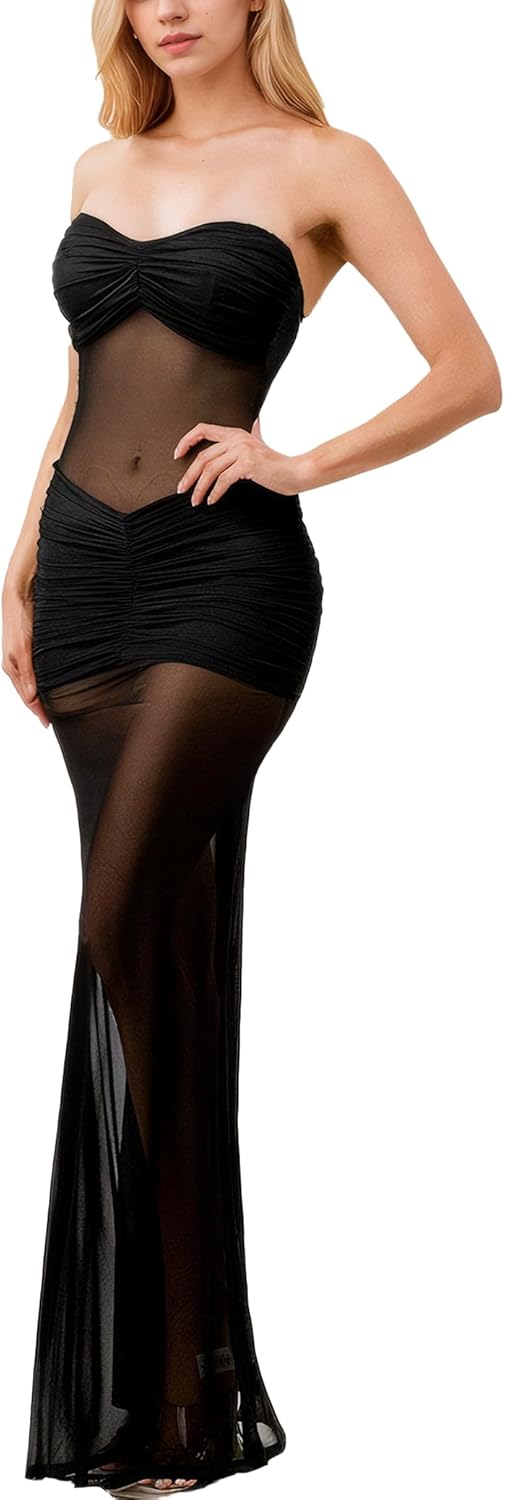 Women’s See Through Mesh Maxi Dress Sweatheart Neck Patchwork Slim Fit Night Out Seaside Long Dresses