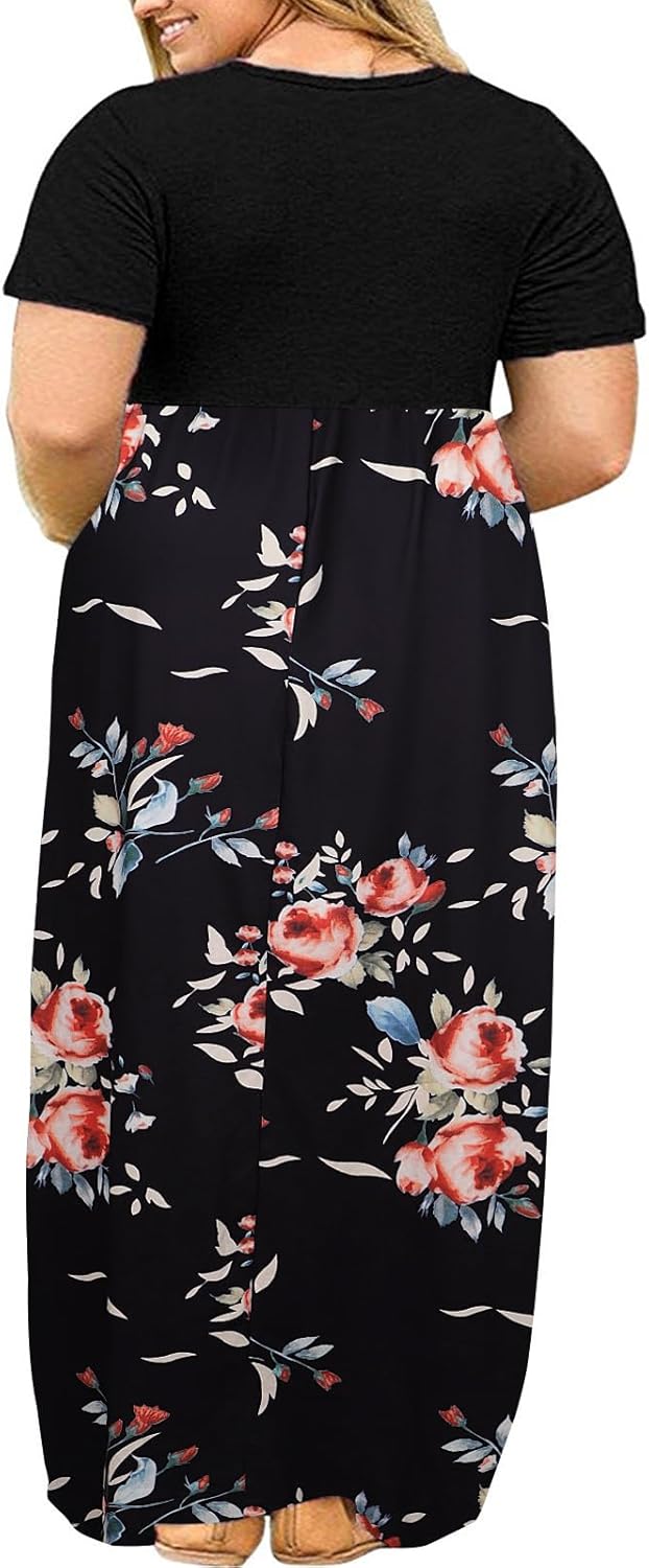 Kancystore Women's Short Sleeve Plus Size Maxi Dress with Pockets Loose Casual Summer Dresses