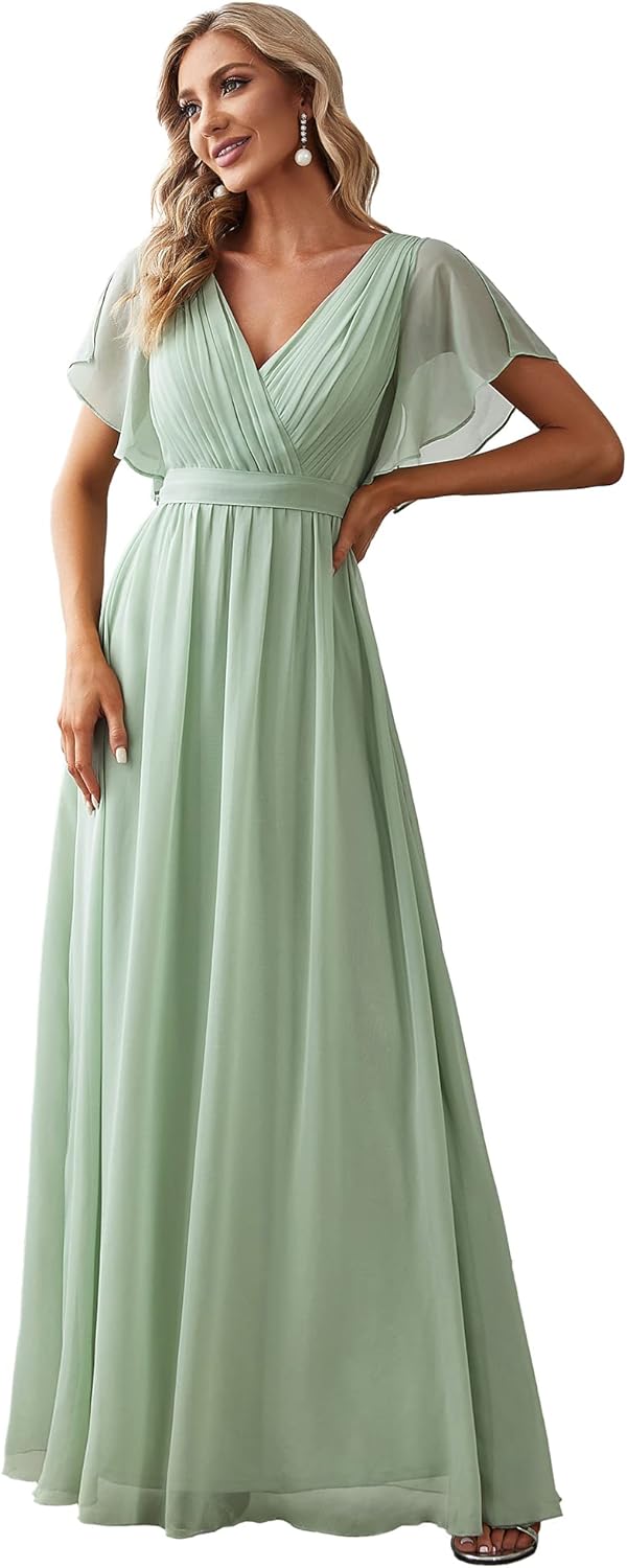 Ever-Pretty Women's Bridesmaid Dress V-Neck Ruffle Sleeves Ruched Bust Floor Length Chiffon Formal Dresses 0164A