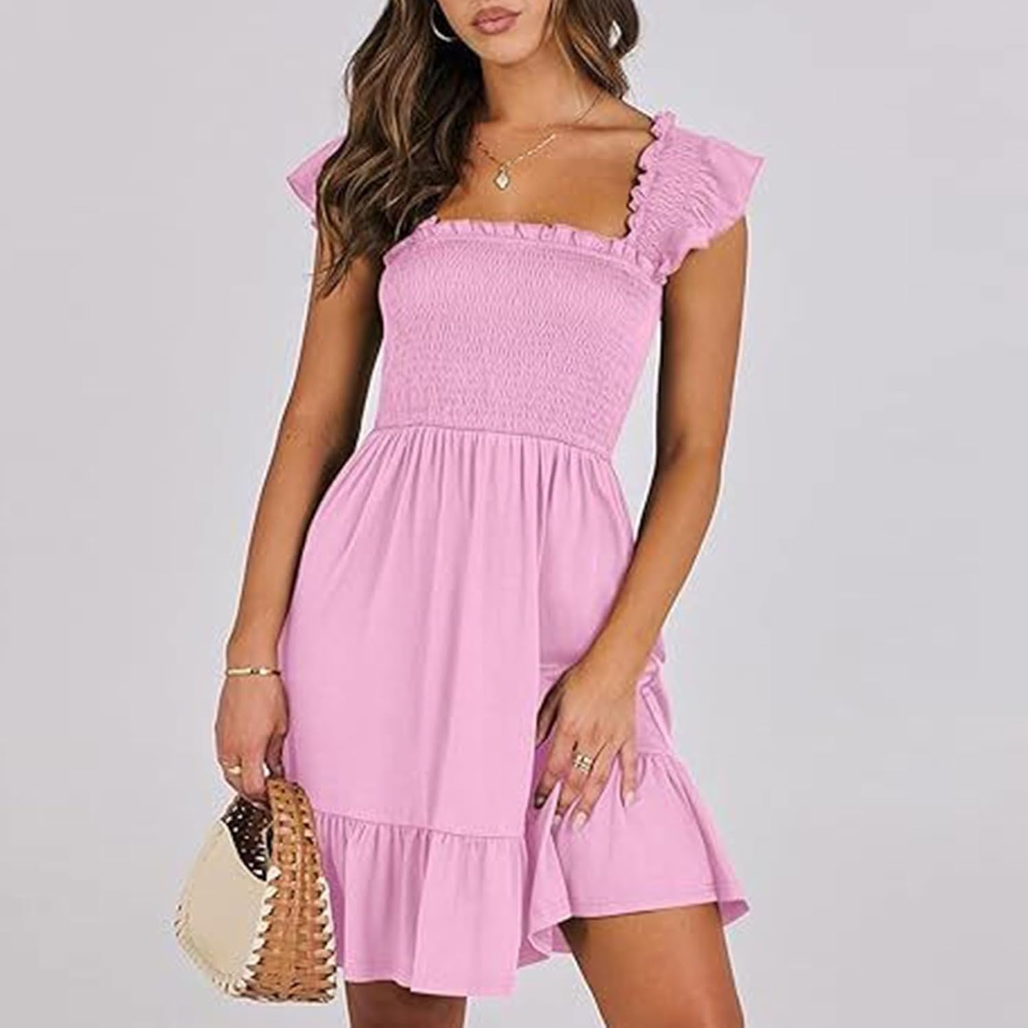 Women Summer Casual Sleeveless Square Neck Smocked Ruffle Backless Boho Mini Dress Flowy Beach Cute Swing Dress