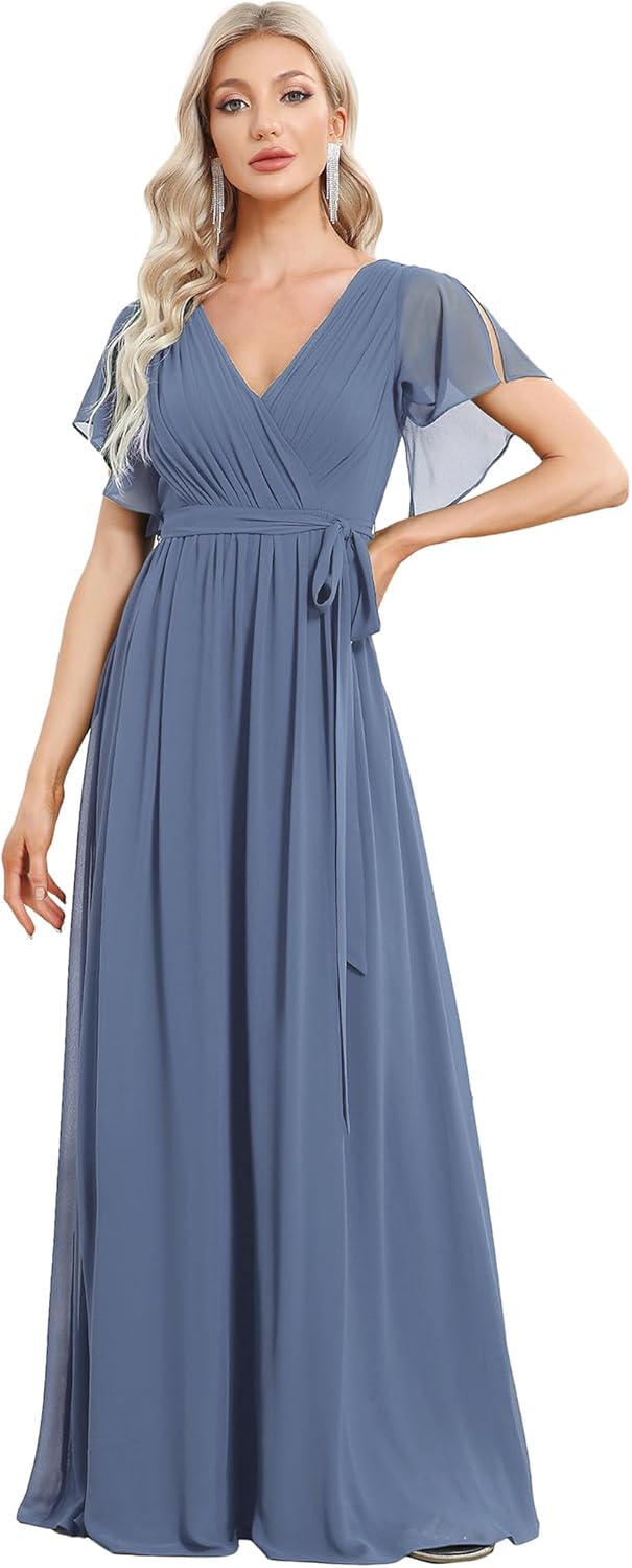 Ever-Pretty Women's Bridesmaid Dress V-Neck Ruffle Sleeves Ruched Bust Floor Length Chiffon Formal Dresses 0164A