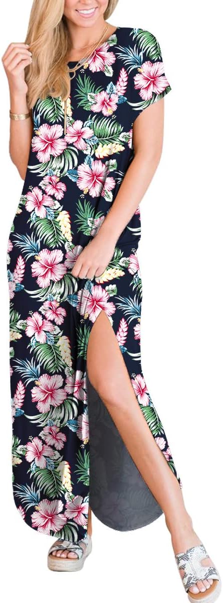 ANRABESS Women's Summer Casual Loose Short Sleeve Long T Shirt Dress Split Maxi Beach Sundress Travel Vacation Outfits