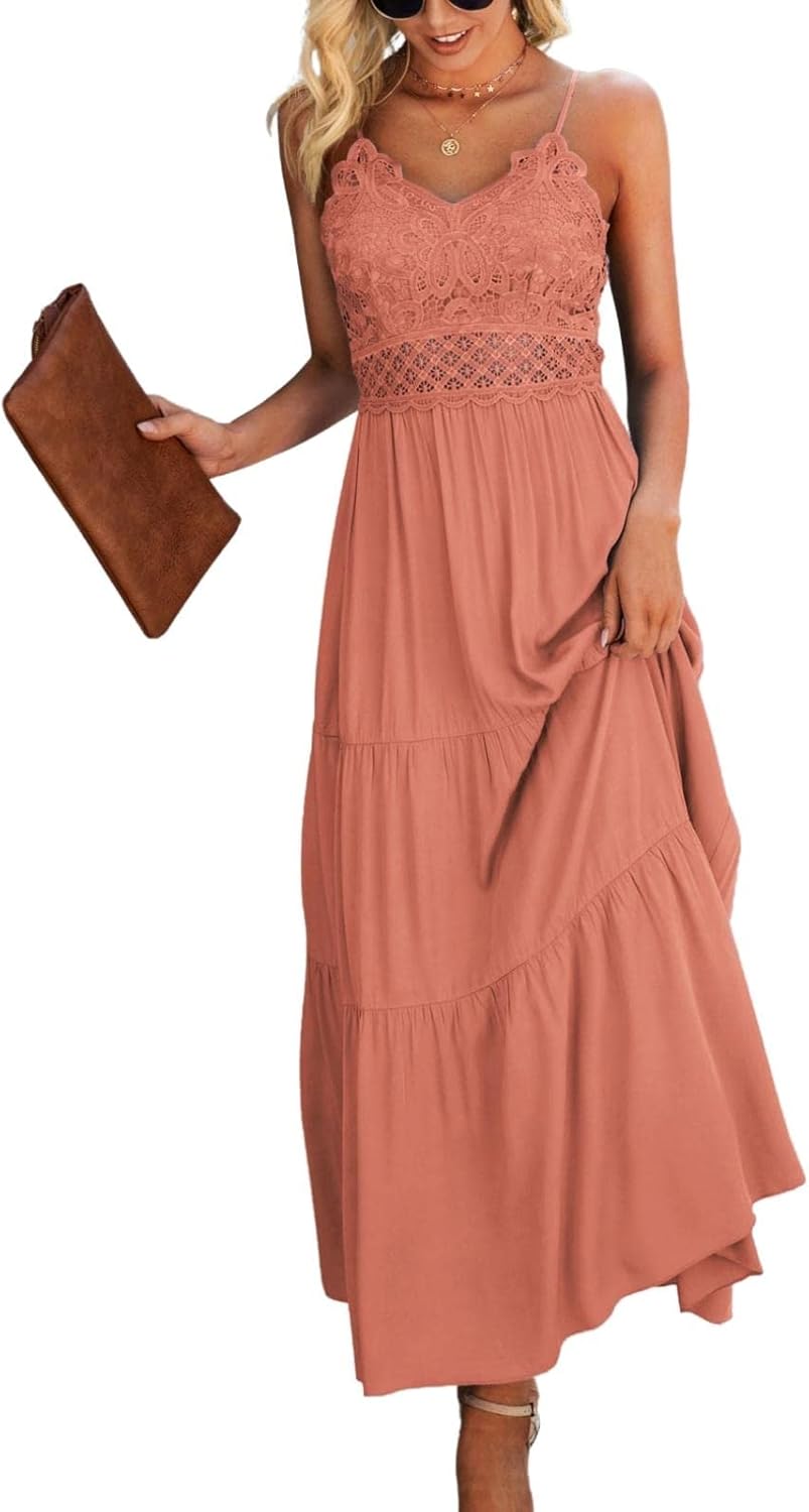Dokuritu Women's Beach Crochet Lace Maxi Dress Solid Color Summer Vacation Spaghetti Strap Long Dress 2024
